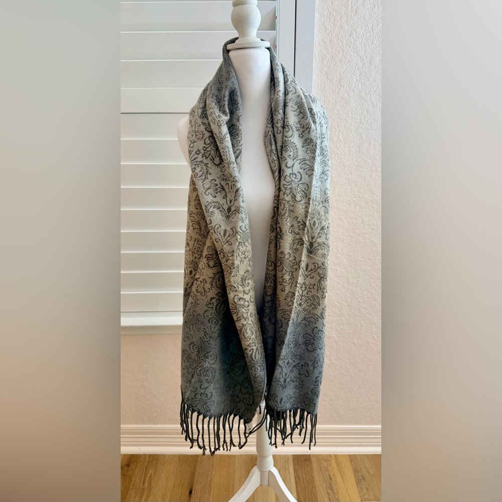 Sasso + Smyth Paisely Gray and Beige Scarf/Shawl with Fringe